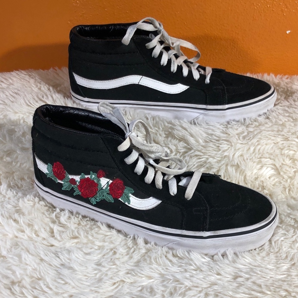 Vans Black Mid-Top Sneakers with Red Rose Embroidery